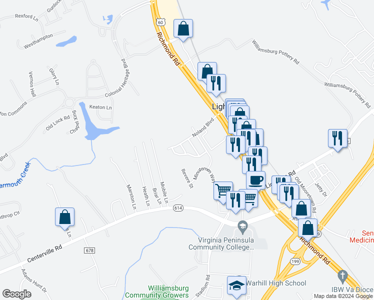 map of restaurants, bars, coffee shops, grocery stores, and more near 6519 Campaign Street in Williamsburg