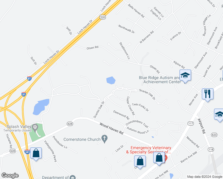 map of restaurants, bars, coffee shops, grocery stores, and more near 6980 Sweet Cherry Court in Roanoke