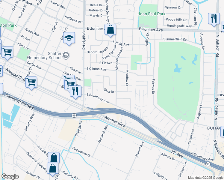 map of restaurants, bars, coffee shops, grocery stores, and more near 343 Silva Drive in Atwater