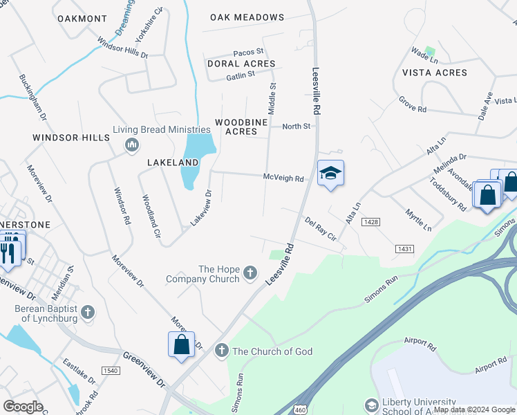 map of restaurants, bars, coffee shops, grocery stores, and more near 808 Middle Street in Lynchburg