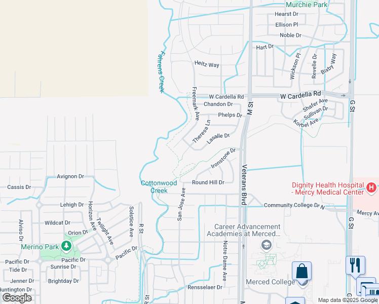 map of restaurants, bars, coffee shops, grocery stores, and more near 4212 Theresa Court in Merced