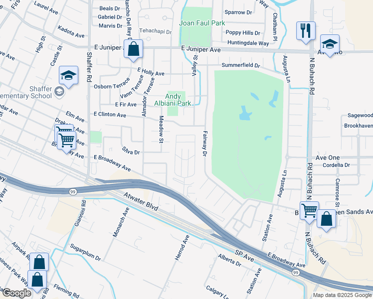 map of restaurants, bars, coffee shops, grocery stores, and more near 150 Seville Court in Atwater