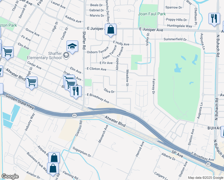 map of restaurants, bars, coffee shops, grocery stores, and more near 343 Silva Drive in Atwater