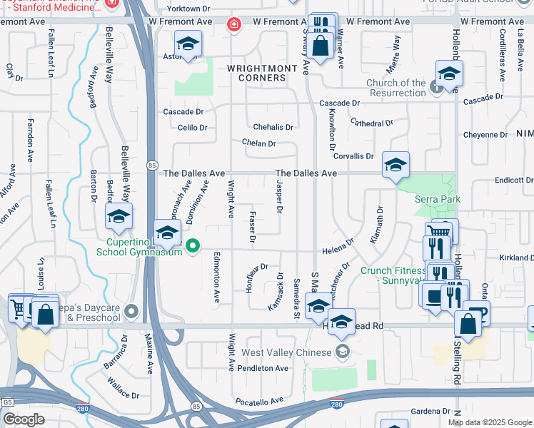 map of restaurants, bars, coffee shops, grocery stores, and more near 961 Gerber Court in Sunnyvale