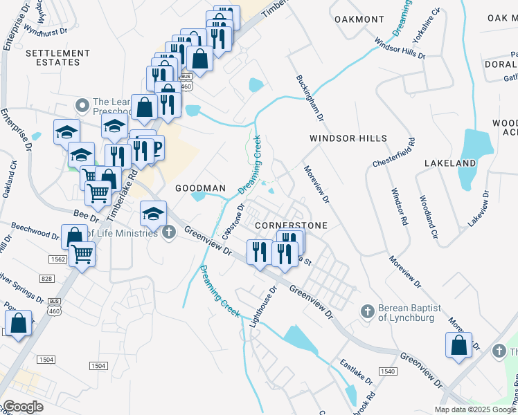 map of restaurants, bars, coffee shops, grocery stores, and more near 201 Capital Street in Lynchburg
