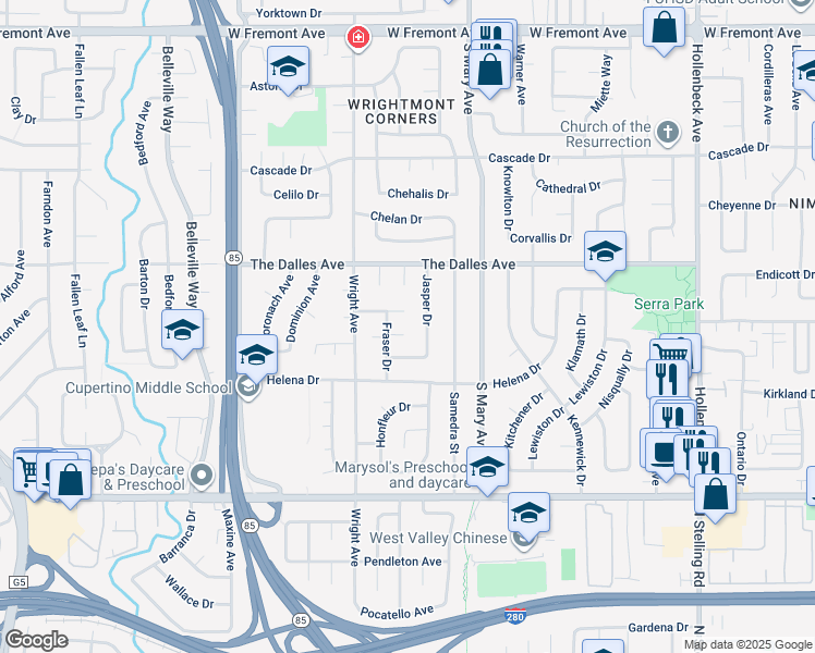 map of restaurants, bars, coffee shops, grocery stores, and more near 961 Gerber Court in Sunnyvale