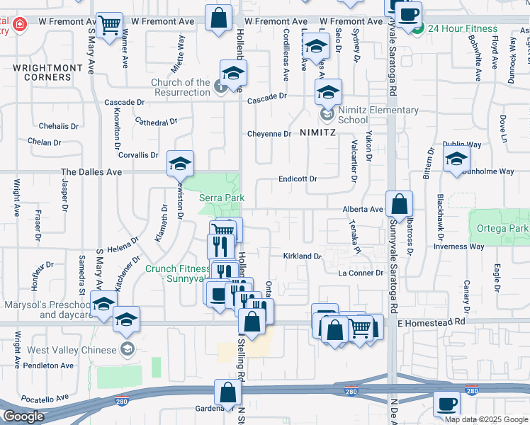 map of restaurants, bars, coffee shops, grocery stores, and more near 1565 Oak Point Terrace in Sunnyvale