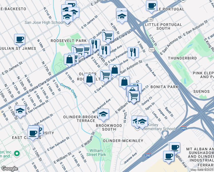 map of restaurants, bars, coffee shops, grocery stores, and more near 214 South 22nd Street in San Jose
