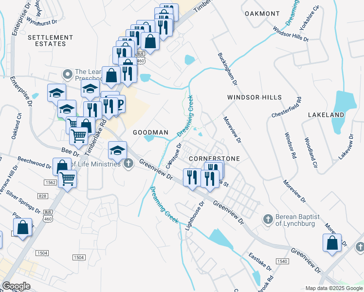 map of restaurants, bars, coffee shops, grocery stores, and more near 202 Capstone Drive in Lynchburg