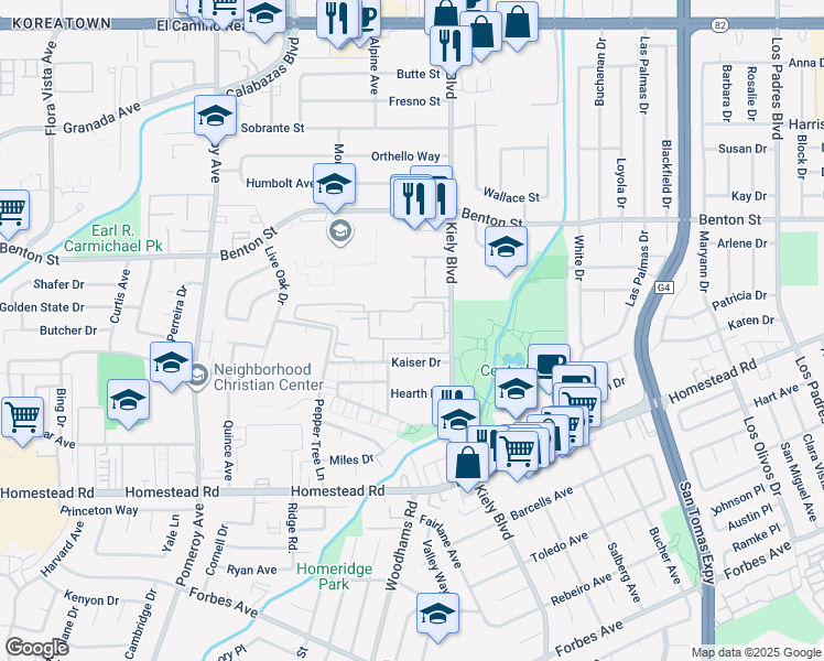 map of restaurants, bars, coffee shops, grocery stores, and more near 942 Kiely Boulevard in Santa Clara