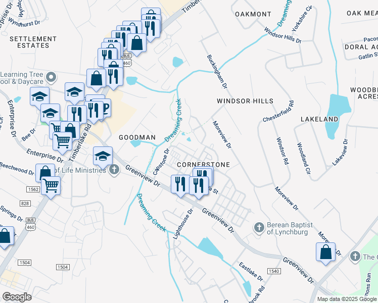 map of restaurants, bars, coffee shops, grocery stores, and more near 239 Capstone Drive in Lynchburg