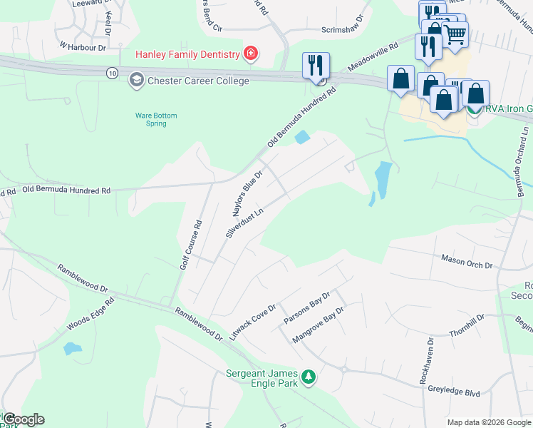 map of restaurants, bars, coffee shops, grocery stores, and more near 13419 Silverdust Lane in Chester