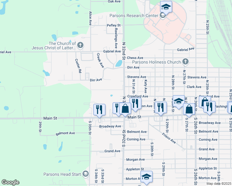 map of restaurants, bars, coffee shops, grocery stores, and more near 3212 Clark Avenue in Parsons