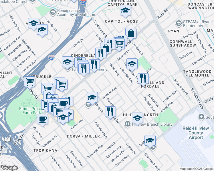 map of restaurants, bars, coffee shops, grocery stores, and more near 1247 Elvira Court in San Jose