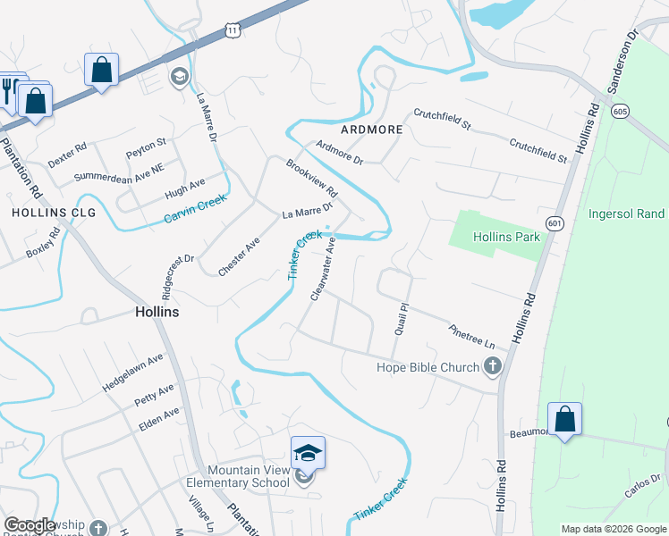 map of restaurants, bars, coffee shops, grocery stores, and more near 829 Clearwater Ave NE in Hollins