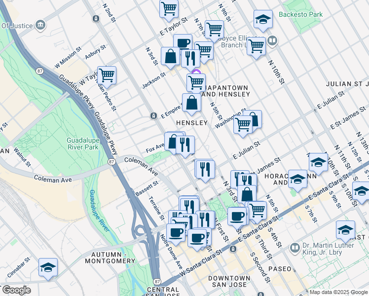 map of restaurants, bars, coffee shops, grocery stores, and more near 423 North 2nd Street in San Jose