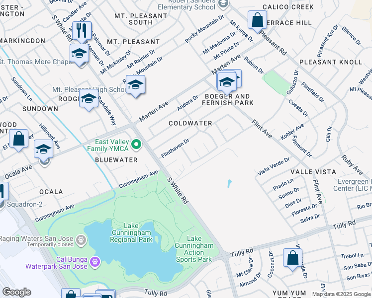map of restaurants, bars, coffee shops, grocery stores, and more near 2012 Flintcrest Drive in San Jose