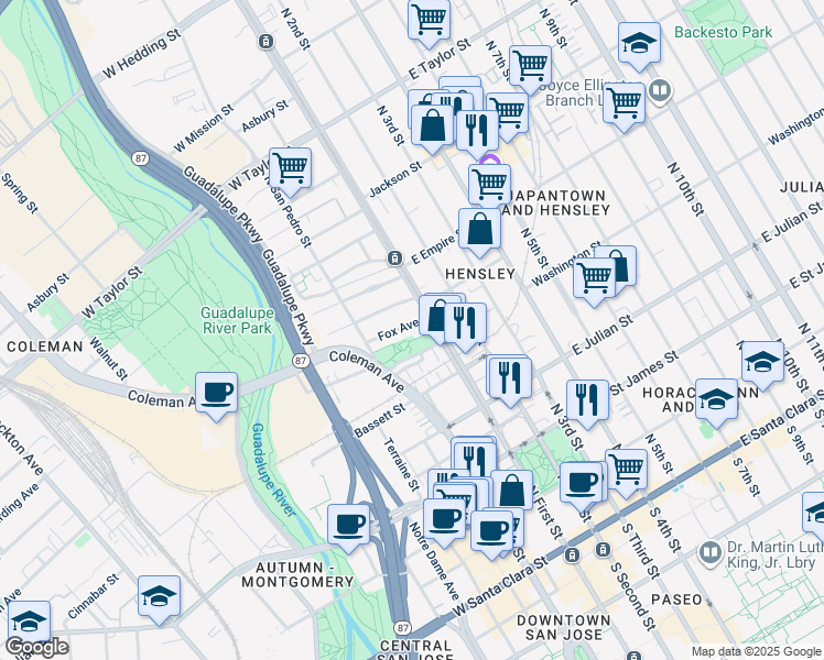 map of restaurants, bars, coffee shops, grocery stores, and more near 46 Fox Avenue in San Jose