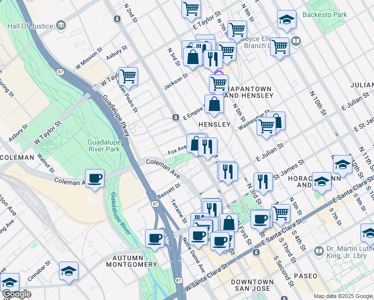 map of restaurants, bars, coffee shops, grocery stores, and more near 421 North 1st Street in San Jose