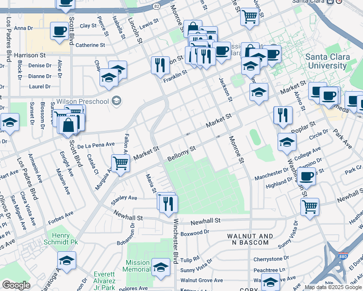 map of restaurants, bars, coffee shops, grocery stores, and more near 1687 Bellomy Street in Santa Clara