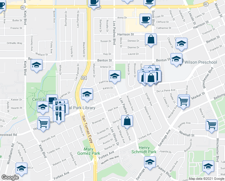 map of restaurants, bars, coffee shops, grocery stores, and more near 2320 De Varona Place in Santa Clara