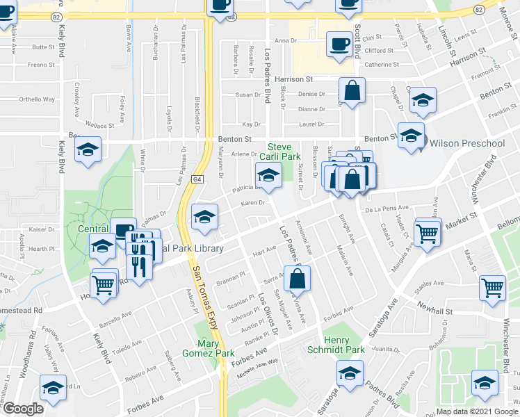 map of restaurants, bars, coffee shops, grocery stores, and more near 2320 De Varona Place in Santa Clara