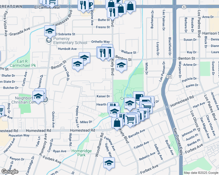 map of restaurants, bars, coffee shops, grocery stores, and more near 2945 Via Roma Place in Santa Clara