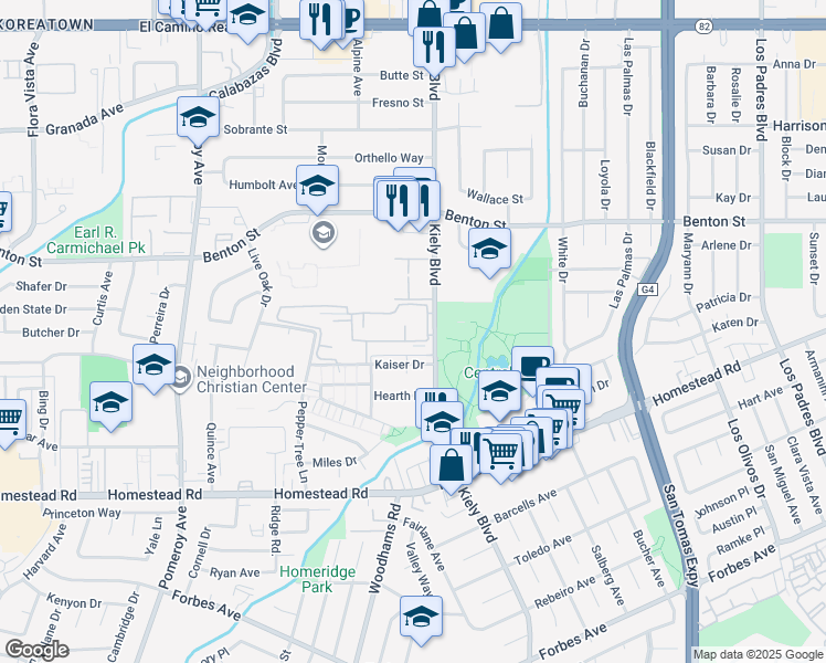 map of restaurants, bars, coffee shops, grocery stores, and more near 2945 Via Roma Place in Santa Clara