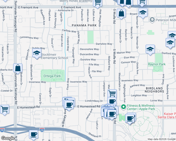 map of restaurants, bars, coffee shops, grocery stores, and more near 1575 Heron Avenue in Sunnyvale