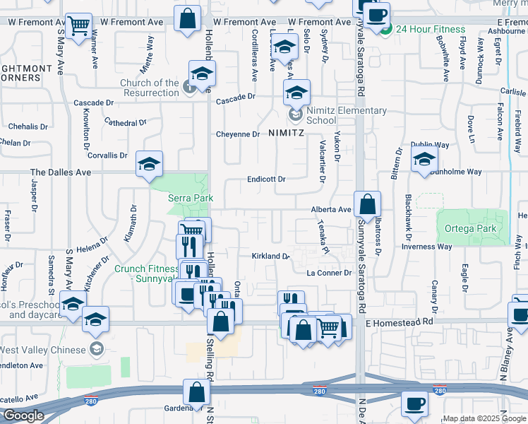 map of restaurants, bars, coffee shops, grocery stores, and more near 1570 Quebec Court in Sunnyvale