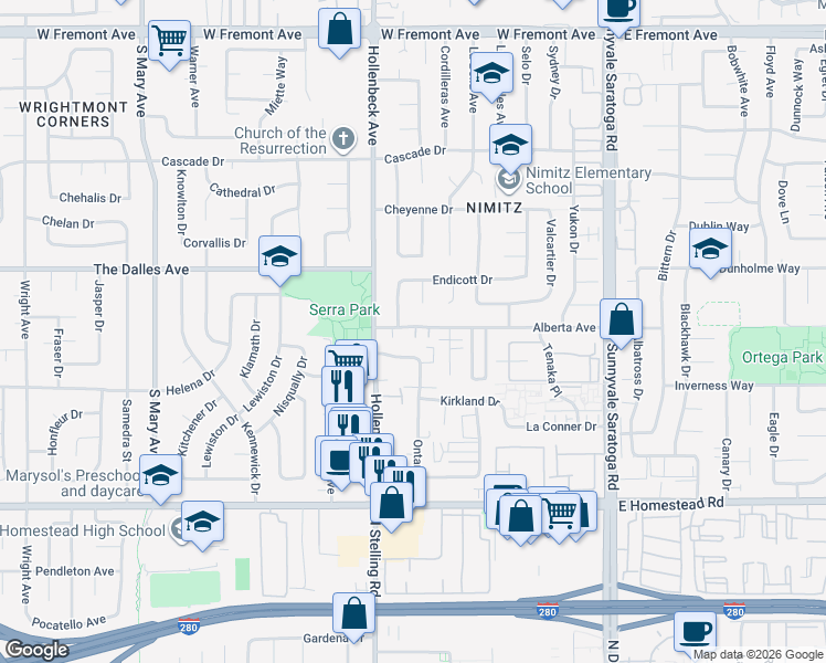 map of restaurants, bars, coffee shops, grocery stores, and more near 1565 Oak Point Terrace in Sunnyvale