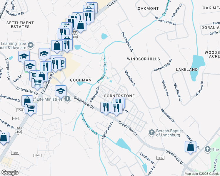 map of restaurants, bars, coffee shops, grocery stores, and more near 301 Portico Street in Lynchburg