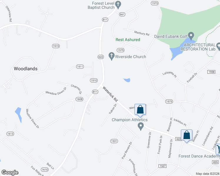 map of restaurants, bars, coffee shops, grocery stores, and more near 5459 Waterlick Road in Forest