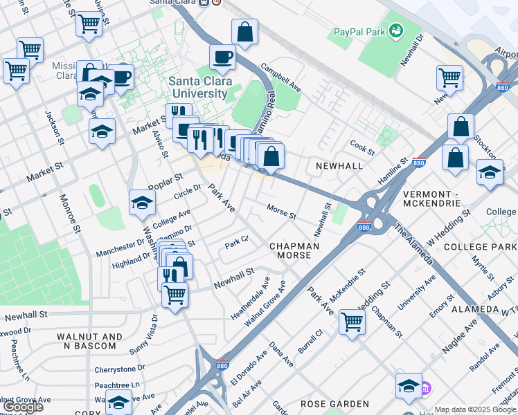 map of restaurants, bars, coffee shops, grocery stores, and more near 2308 Chapman Court in Santa Clara