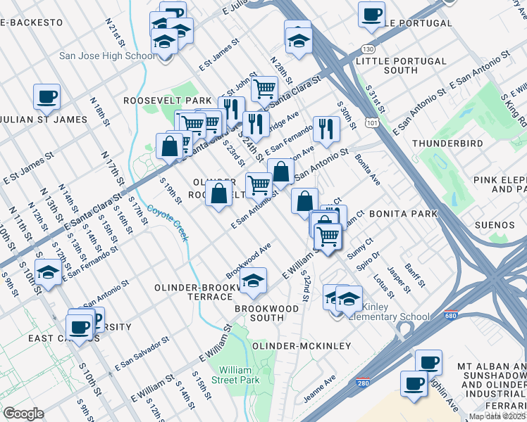 map of restaurants, bars, coffee shops, grocery stores, and more near 214 South 22nd Street in San Jose