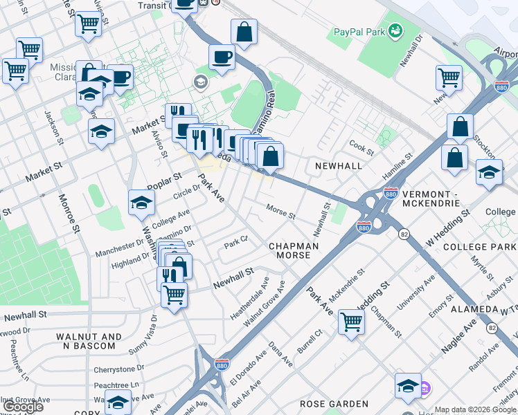 map of restaurants, bars, coffee shops, grocery stores, and more near 1911 Morse Street in Santa Clara