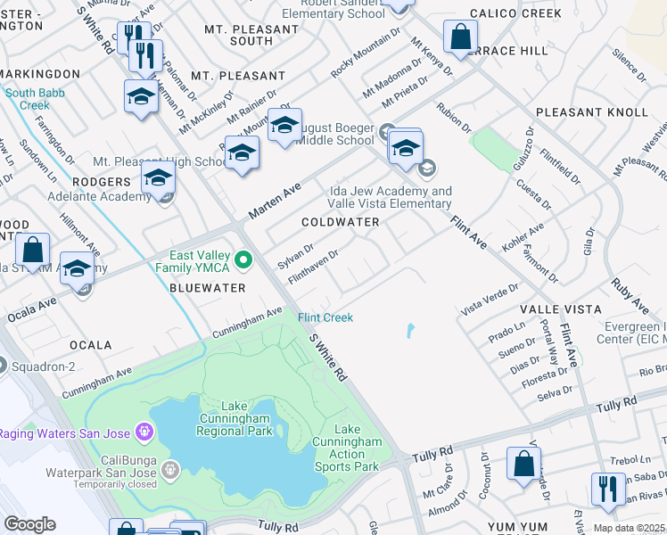 map of restaurants, bars, coffee shops, grocery stores, and more near 2012 Flintcrest Drive in San Jose
