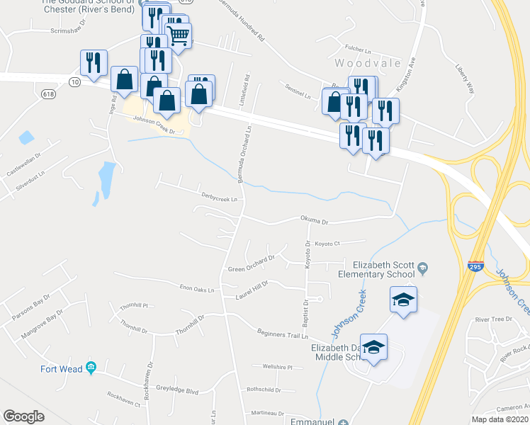 map of restaurants, bars, coffee shops, grocery stores, and more near 518 Okuma Drive in Chester