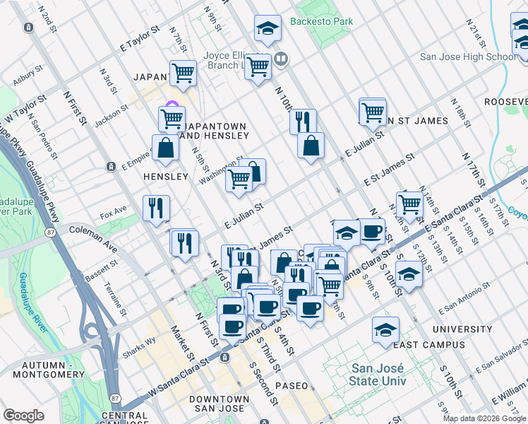 map of restaurants, bars, coffee shops, grocery stores, and more near 271 North 6th Street in San Jose