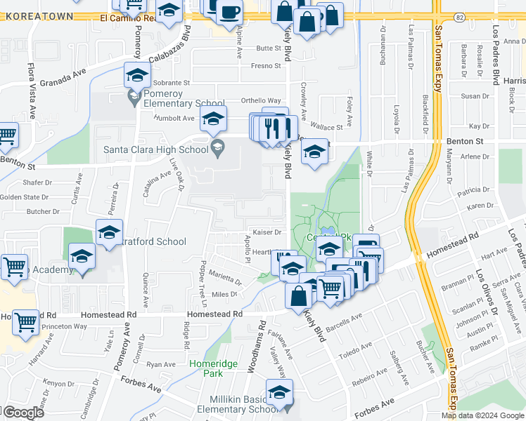 map of restaurants, bars, coffee shops, grocery stores, and more near 942 Kiely Boulevard in Santa Clara