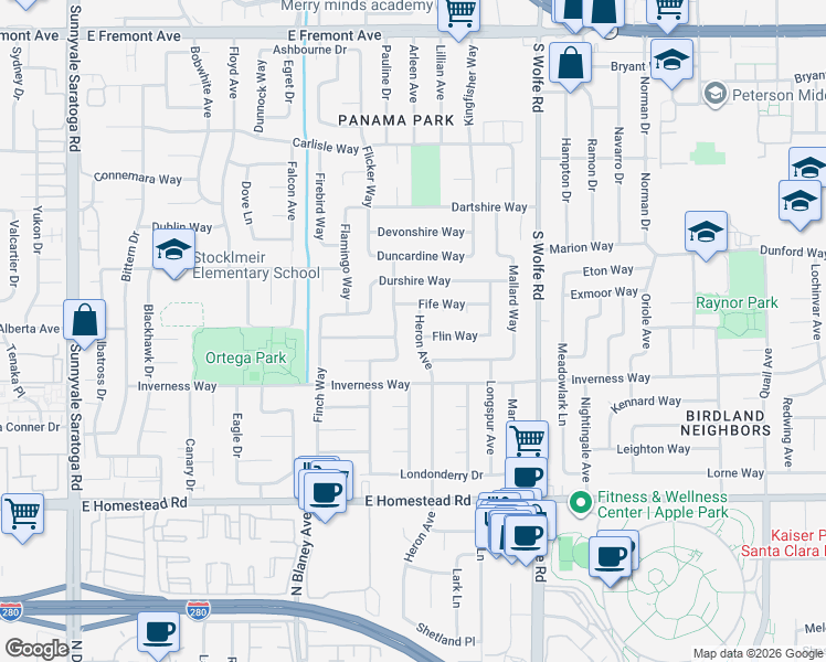 map of restaurants, bars, coffee shops, grocery stores, and more near 1575 Heron Avenue in Sunnyvale