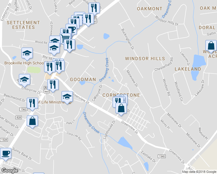 map of restaurants, bars, coffee shops, grocery stores, and more near 243 Capstone Drive in Lynchburg