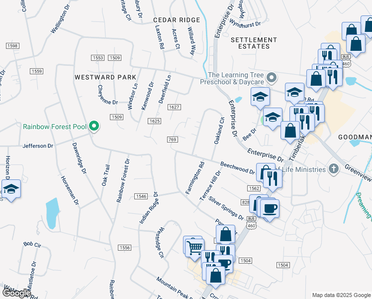 map of restaurants, bars, coffee shops, grocery stores, and more near 463 Beechwood Drive in Lynchburg