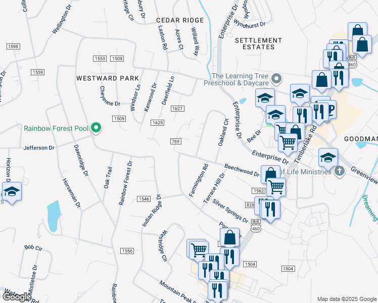 map of restaurants, bars, coffee shops, grocery stores, and more near 463 Beechwood Drive in Lynchburg