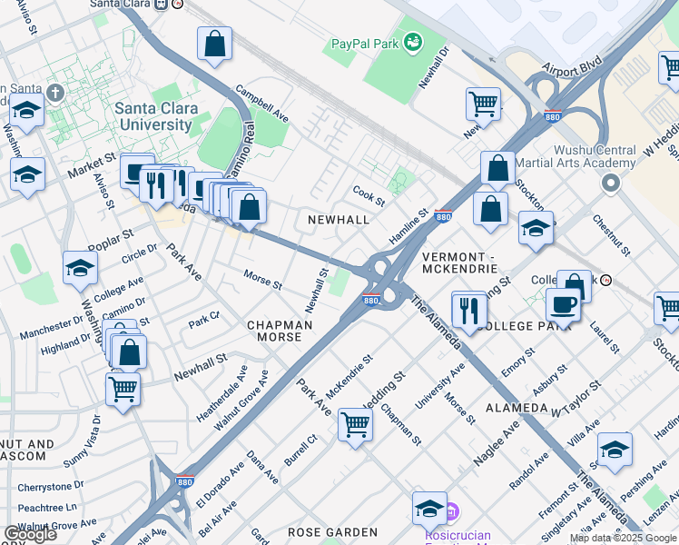 map of restaurants, bars, coffee shops, grocery stores, and more near 2021 The Alameda in San Jose