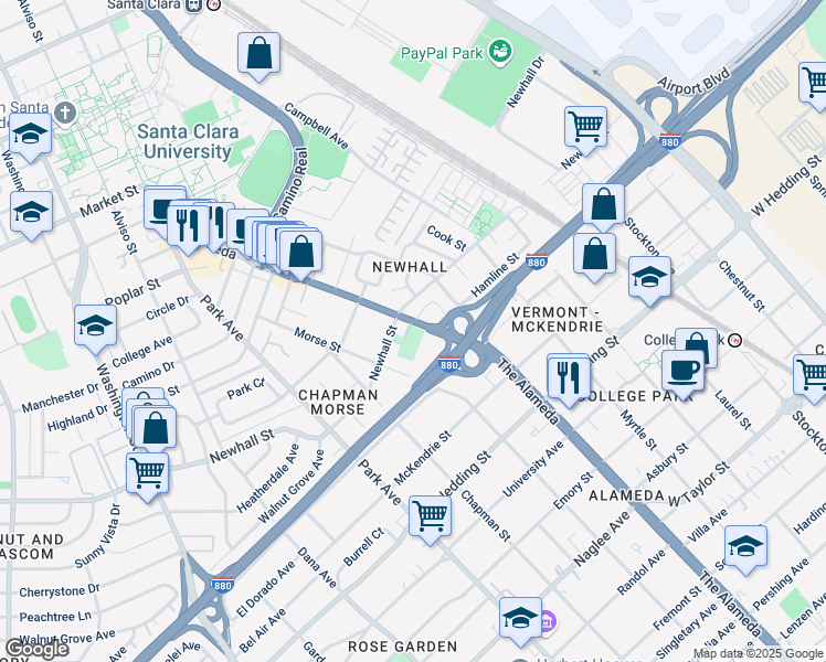 map of restaurants, bars, coffee shops, grocery stores, and more near 2001 The Alameda in San Jose