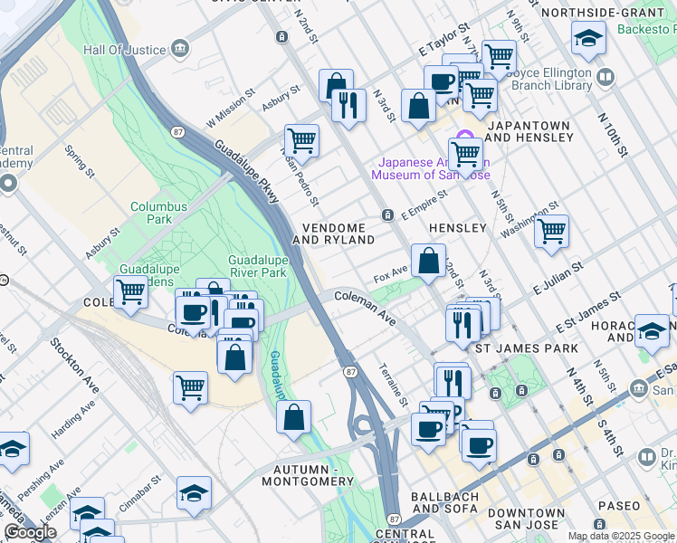 map of restaurants, bars, coffee shops, grocery stores, and more near 173 Clayton Avenue in San Jose