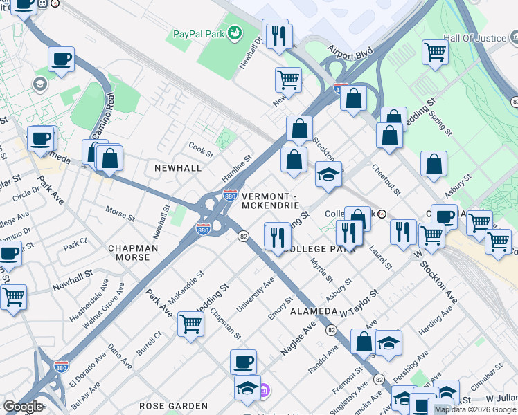 map of restaurants, bars, coffee shops, grocery stores, and more near in San Jose