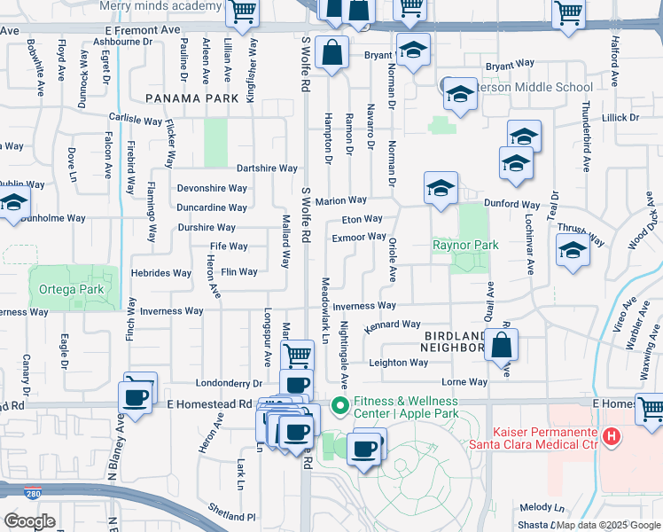 map of restaurants, bars, coffee shops, grocery stores, and more near 1550 Meadowlark Lane in Sunnyvale