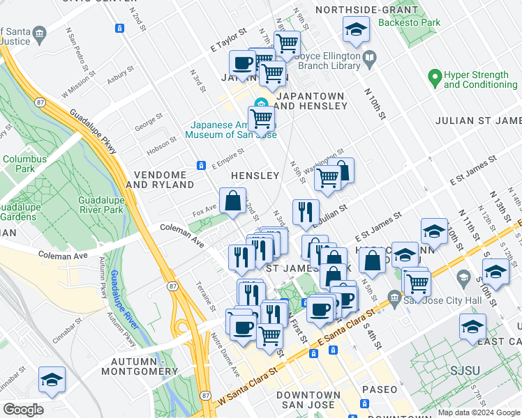 map of restaurants, bars, coffee shops, grocery stores, and more near 350 North 2nd Street in San Jose